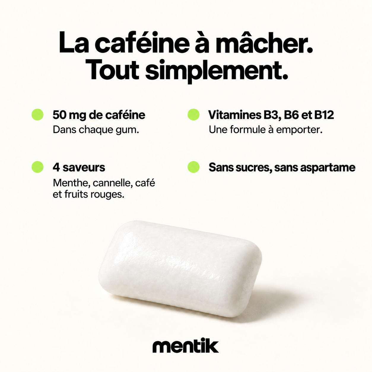 La caféine à mâcher : 50 mg par gum, vitamines B3, B6 et B12, quatre saveurs. Sans sucres ni aspartame.
