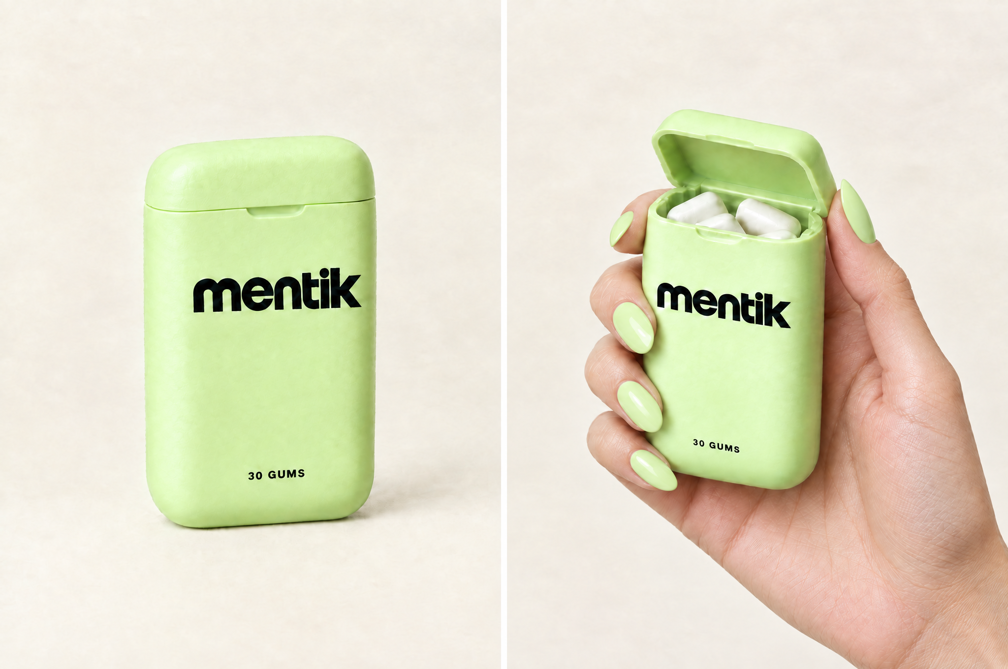 Mentik Menthe — boîte de 30 gums fermée et tenue ouverte dans une main