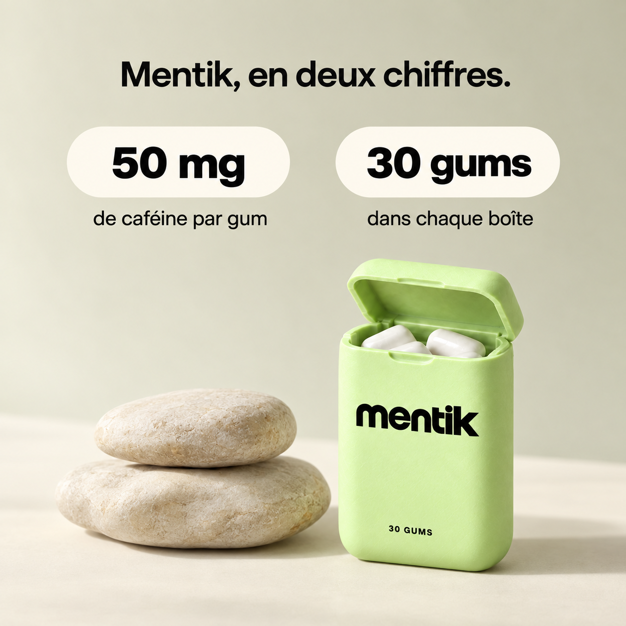 Mentik en deux chiffres : 50 mg de caféine par gum et 30 gums dans chaque boîte.